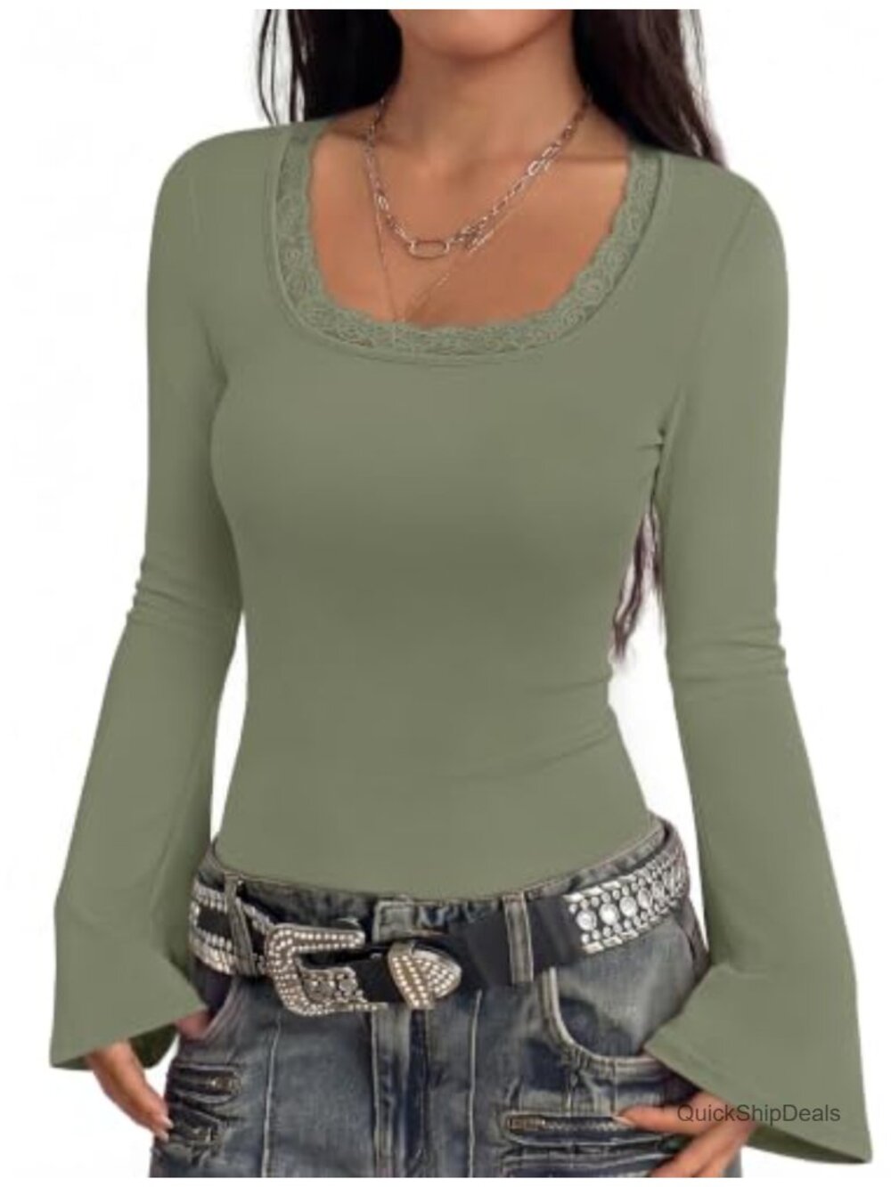 Women's Square Neck Lace Trim Bell Sleeve Ribbed Knit Top Going Out